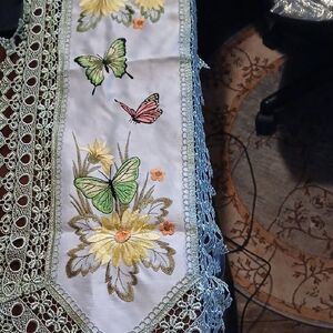 Embroidered Butterfly and Floral Table Runner